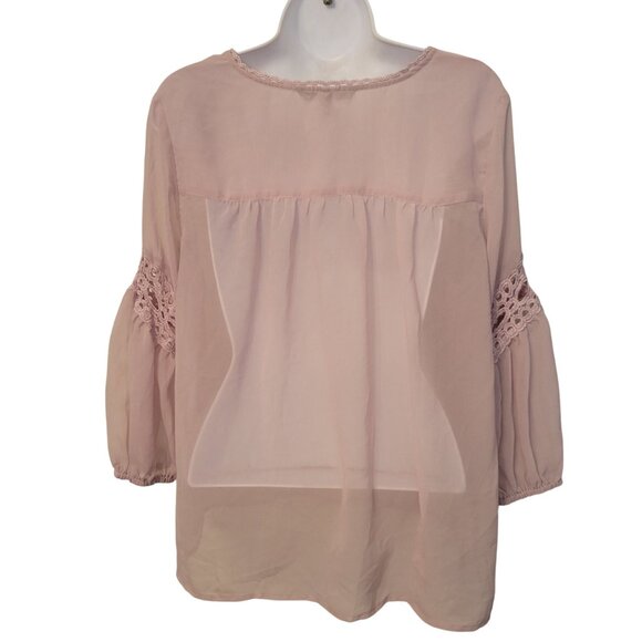 Victorias Secret Sheer Blouse M Mauve Pink Lace Detail Long Sleeve Boho V Neck - Picture 5 of 6